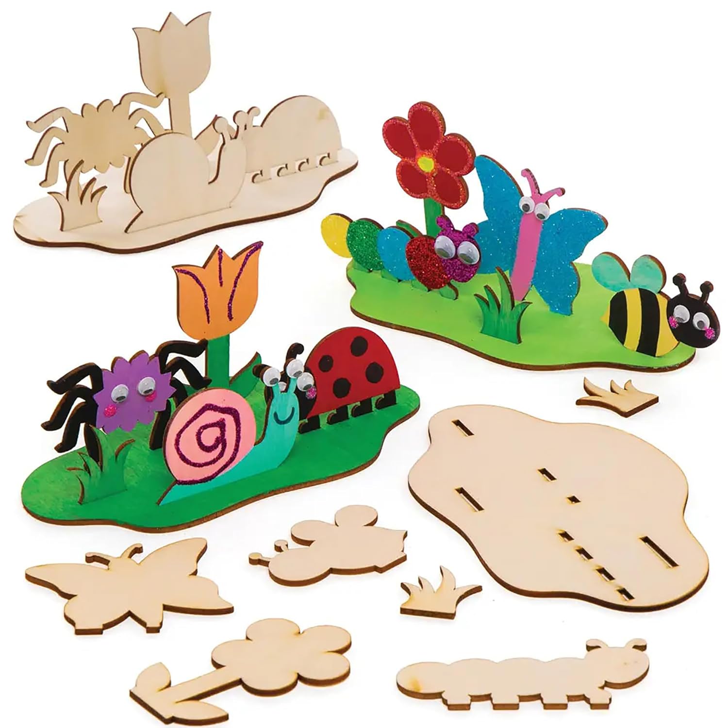 Set of wooden garden-themed craft pieces including flowers, insects, and a caterpillar on a white background.