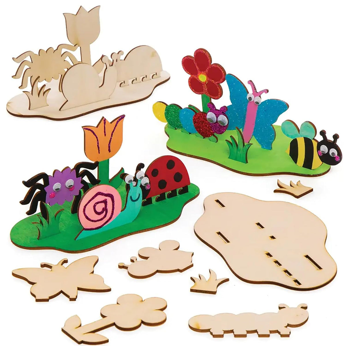 Set of wooden garden-themed craft pieces including flowers, insects, and a caterpillar on a white background.