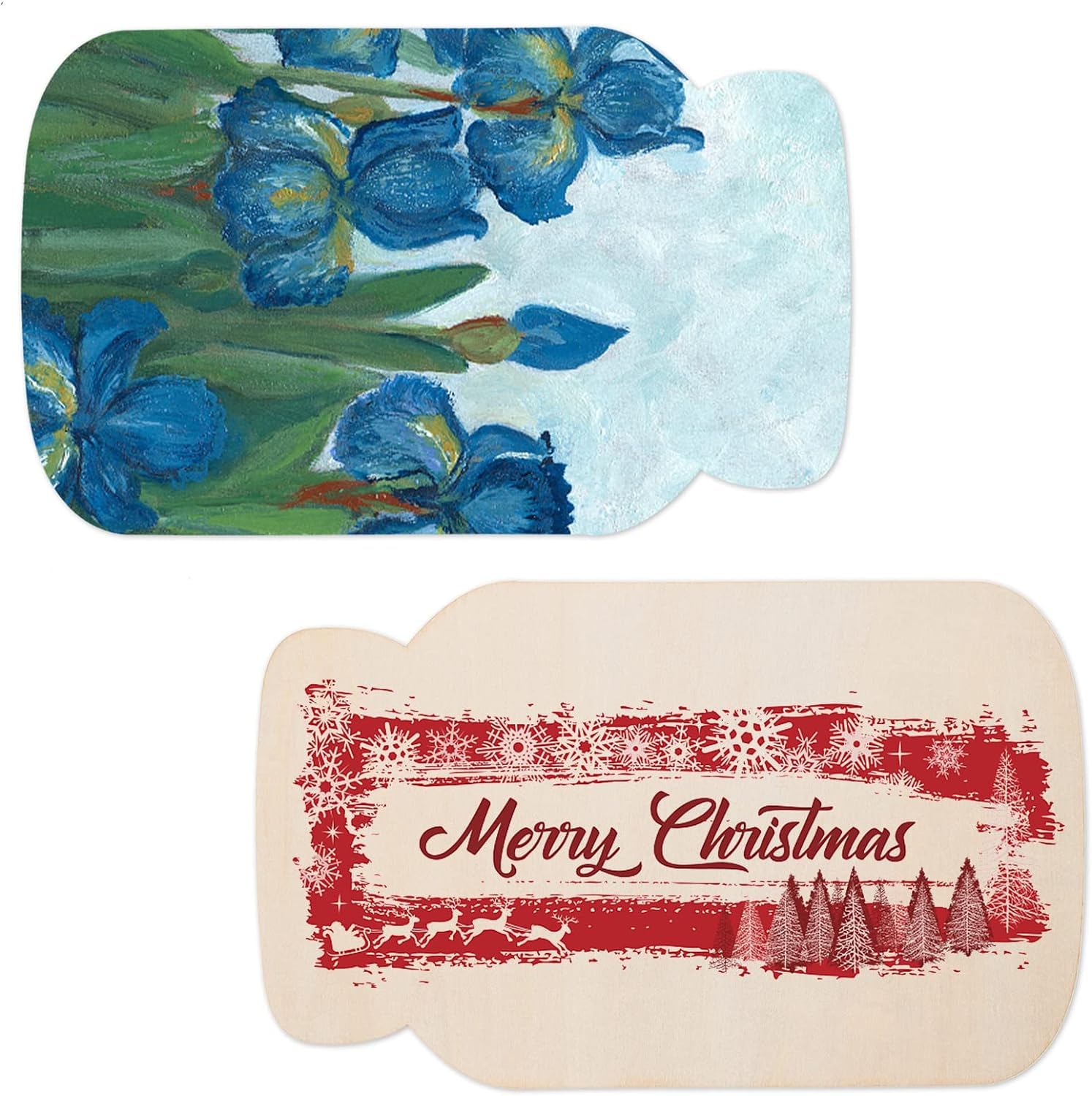 Two decorative items: a floral design and a 'Merry Christmas' card with trees and reindeer.