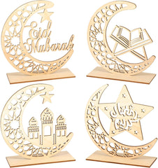 Set of four wooden Eid Mubarak decorations with crescent moon and star designs.
