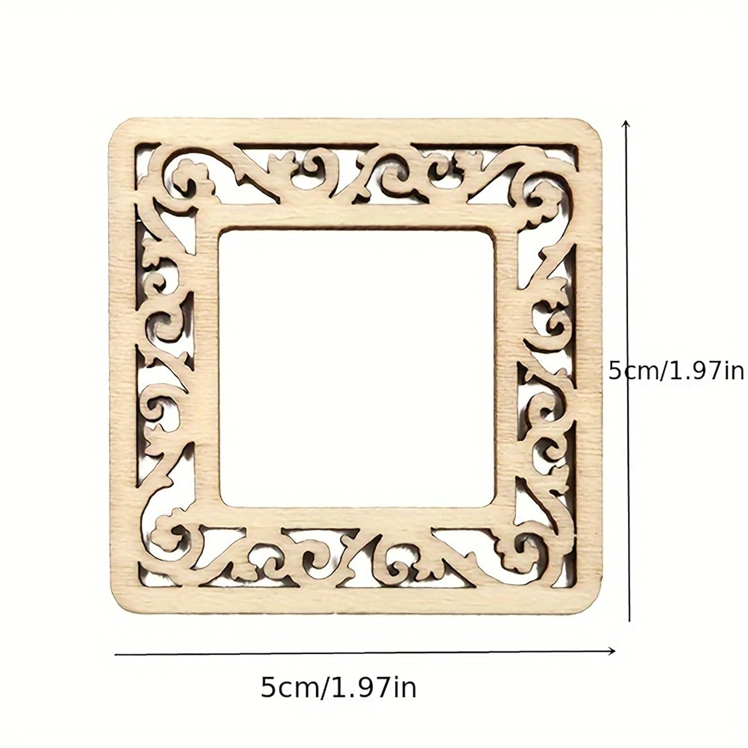 Wooden decorative square frame with intricate cut-out patterns and dimensions on a white background