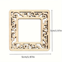 Wooden decorative square frame with intricate cut-out patterns and dimensions on a white background