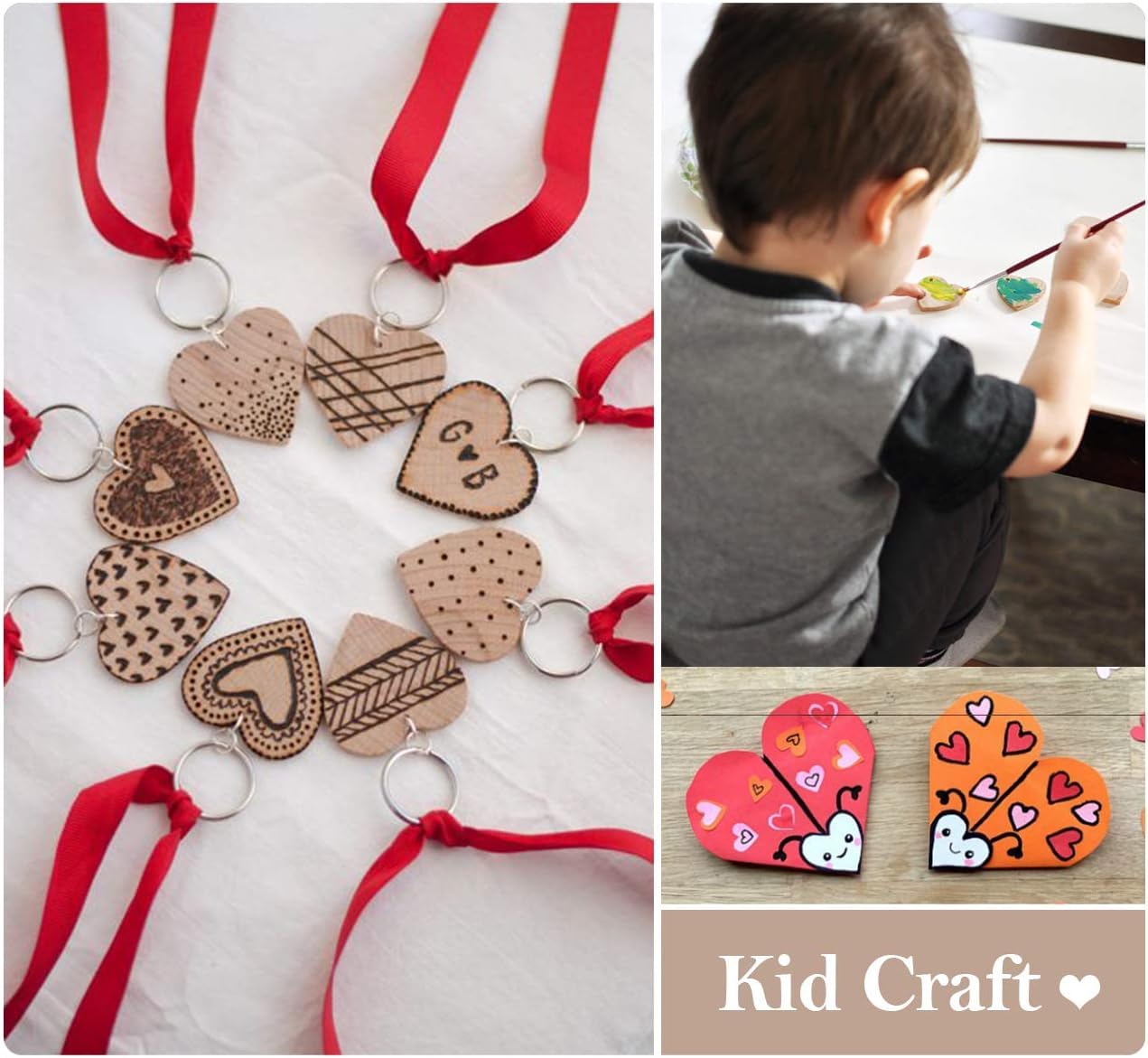 Wooden heart-shaped ornaments with red ribbons and a child painting heart designs.