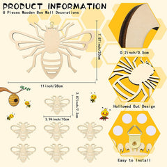 Wooden bee wall decorations with measurements and installation instructions on a white background.