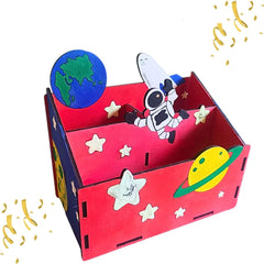 Children's space-themed toy box with astronaut, planets, and stars on a white background