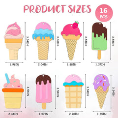 Illustrations of ice cream products with their dimensions on a white background