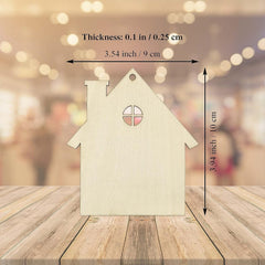 Wooden house-shaped ornament with measurements on a wooden surface and blurred background