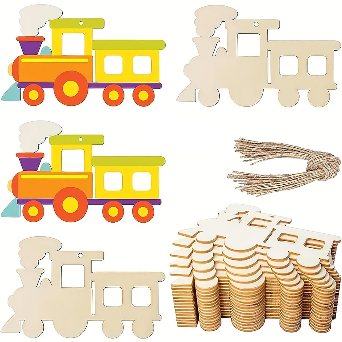 Wooden train shapes with colorful engine and neutral cars, accompanied by string and letter cutouts.