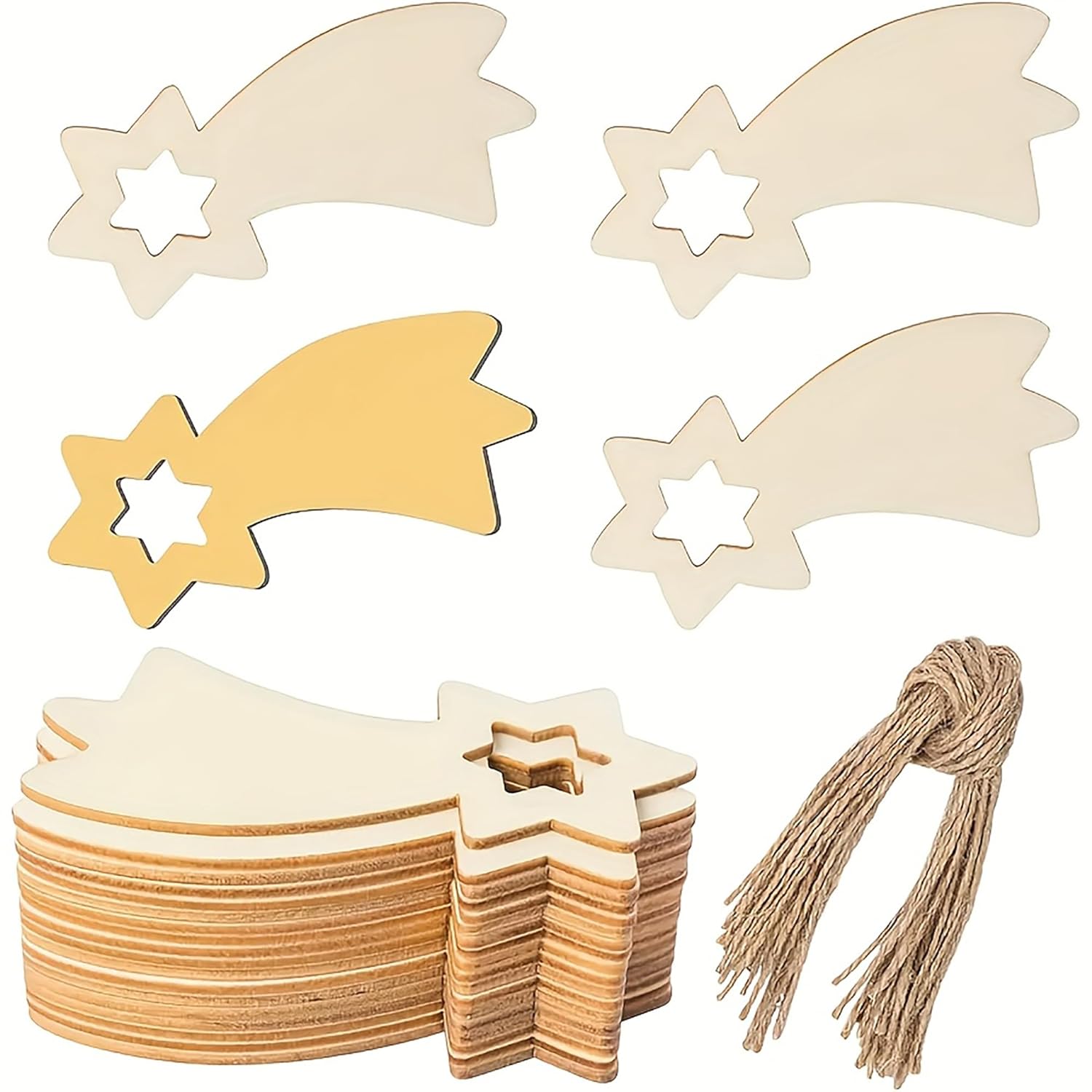 Wooden fairy wings and star shapes with twine on a white background