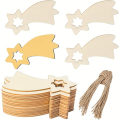Wooden fairy wings and star shapes with twine on a white background