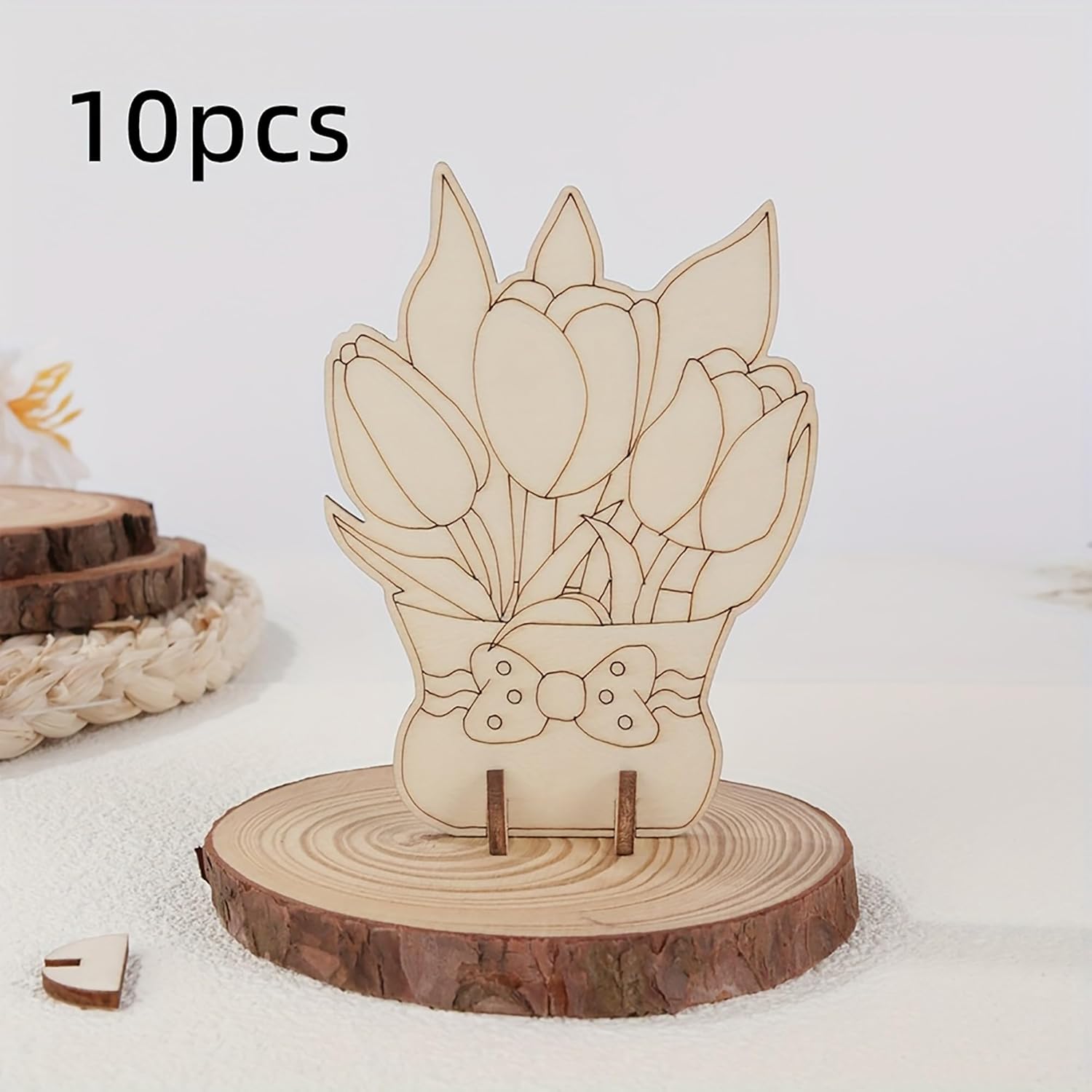 Wooden tulip-shaped product on a wooden base with '10pcs' text above.
