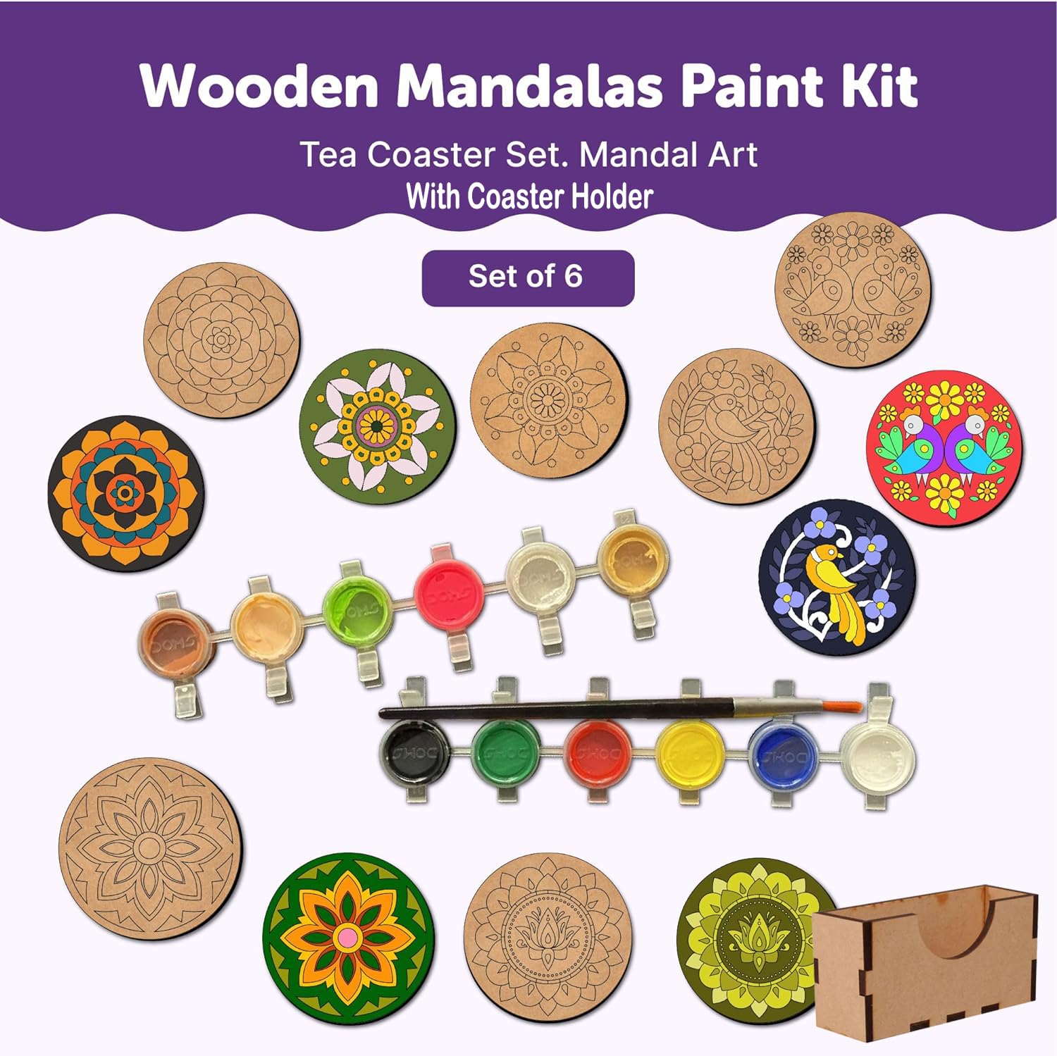 Wooden Mandalas Paint Kit with tea coasters, paint, and holder on a white background