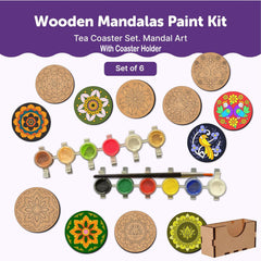 Wooden Mandalas Paint Kit with tea coasters, paint, and holder on a white background