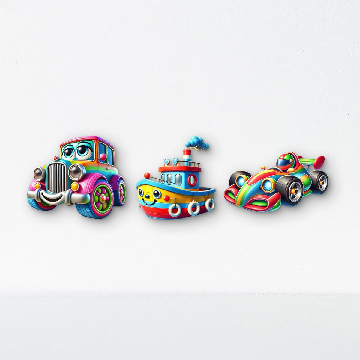 Three colorful toy vehicles on a white background