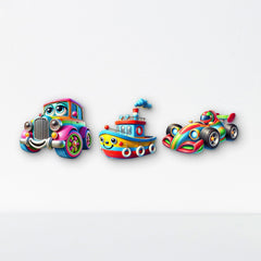 Three colorful toy vehicles on a white background