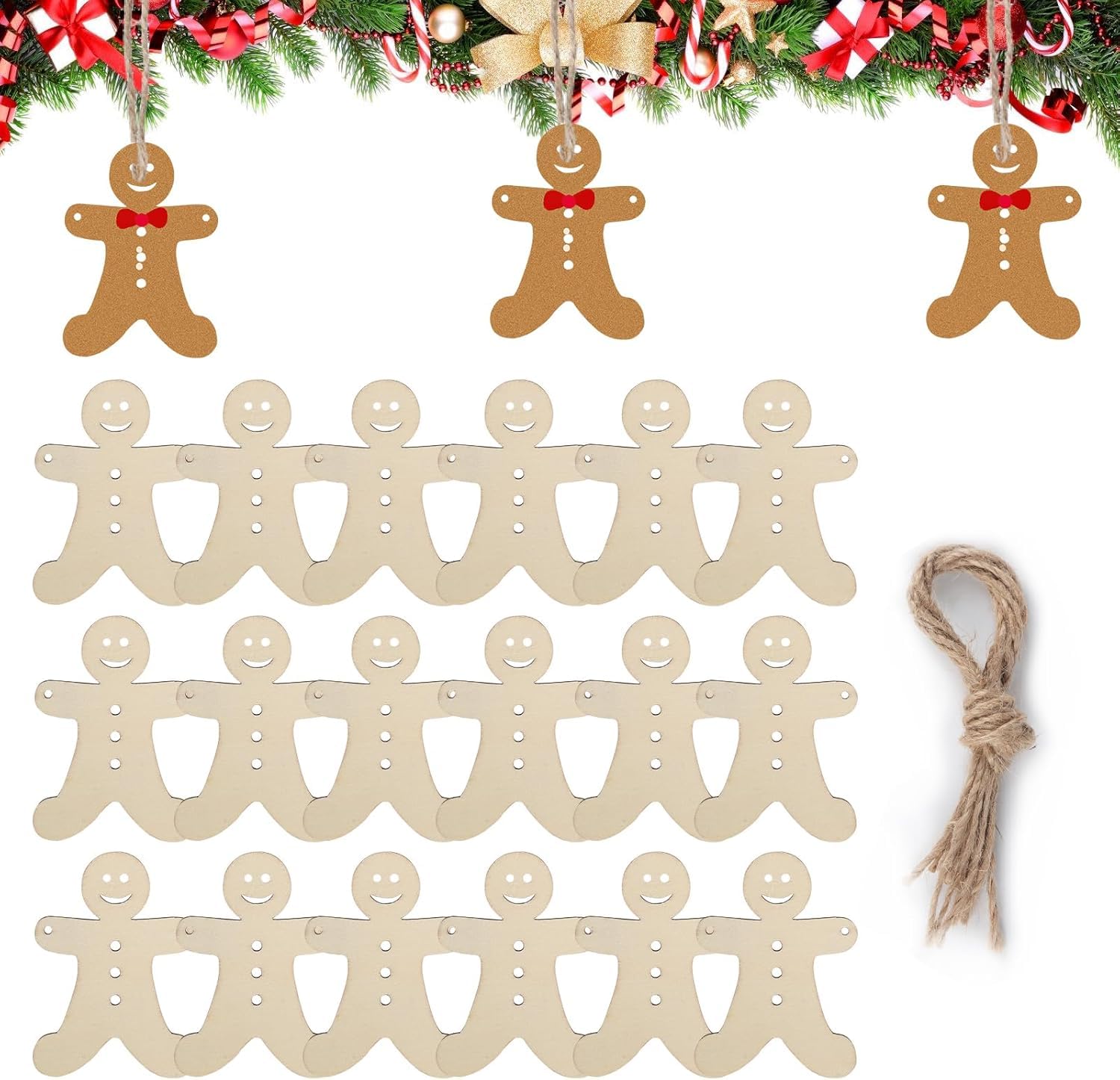 Set of wooden gingerbread man ornaments with a string for hanging against a Christmas tree background.
