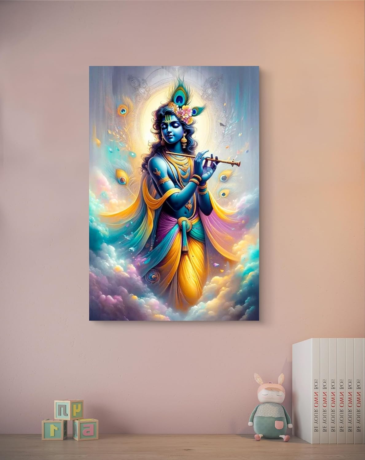 Colorful depiction of a deity holding a flute on a wall in a room with toys and books.