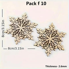 Two wooden snowflake decorations with measurements on a light pink background
