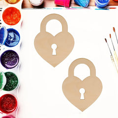 Two heart-shaped lock cutouts on a white background with paint containers and brushes.