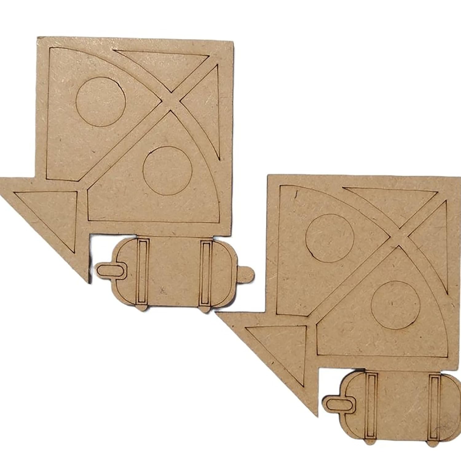 Two cardboard cutouts with geometric shapes on a white background