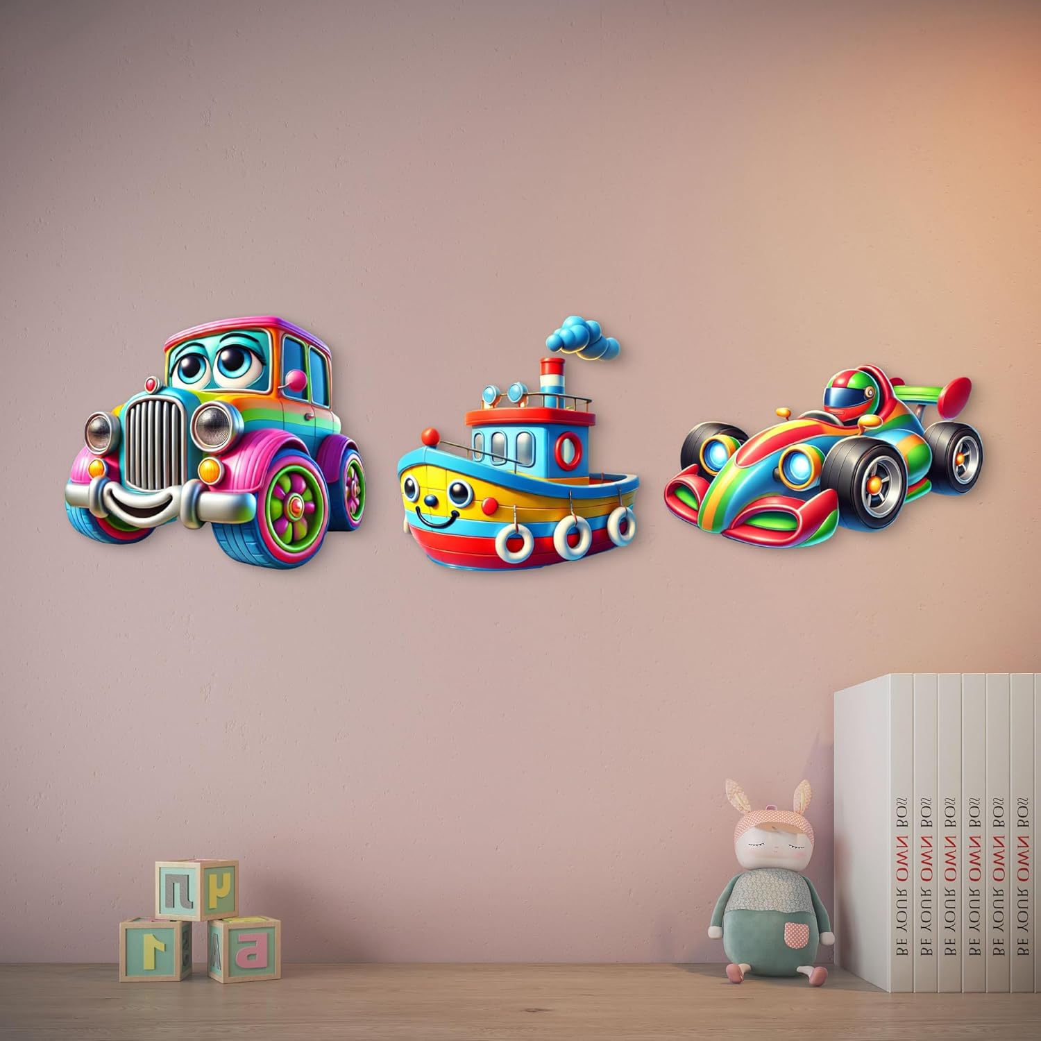 Colorful toy car, boat, and race car wall decorations on a pink wall with children's toys below.