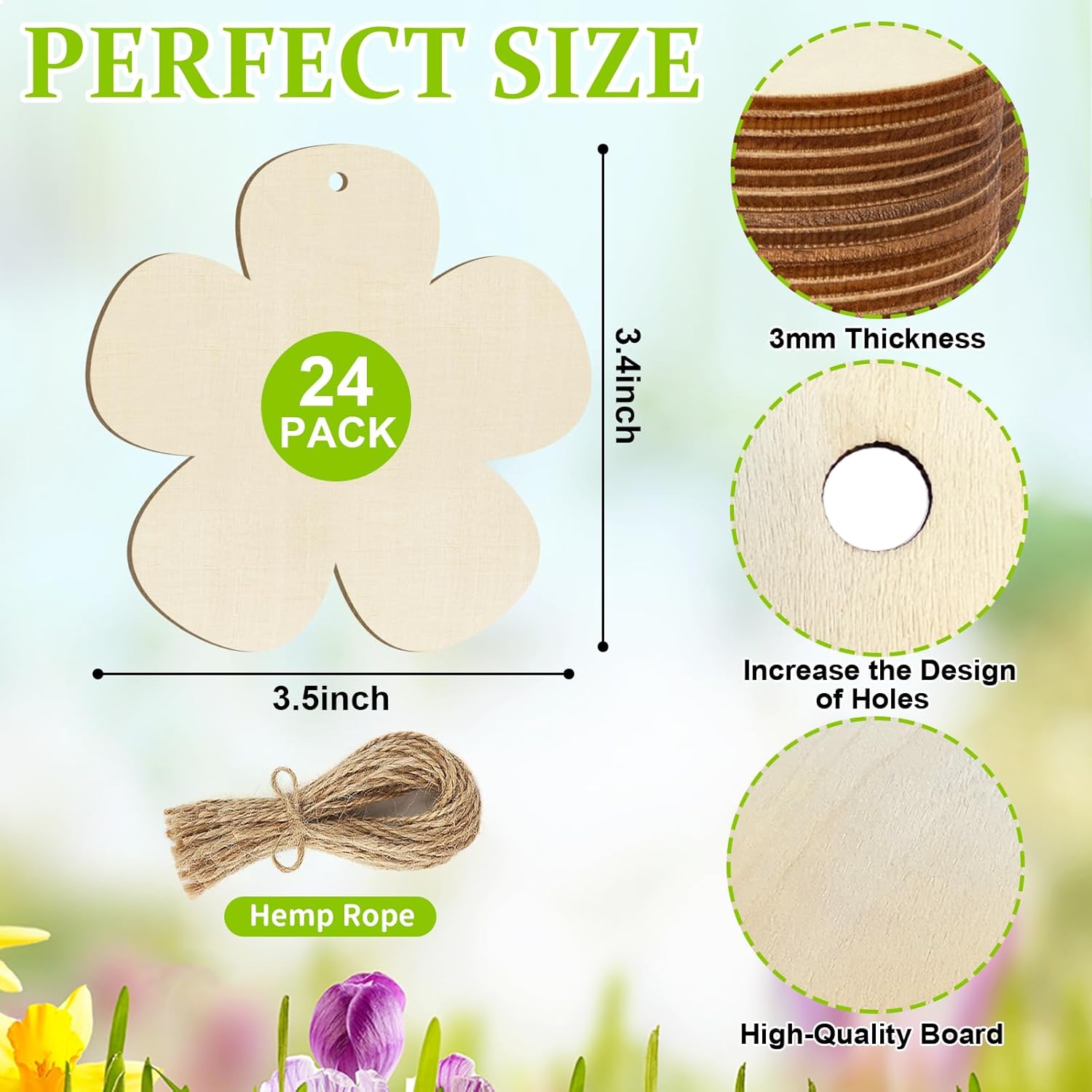 Wooden flower-shaped cutouts with measurements and details on a floral background