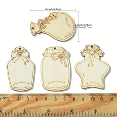 Wooden bottle-shaped ornaments with measurements on a white background