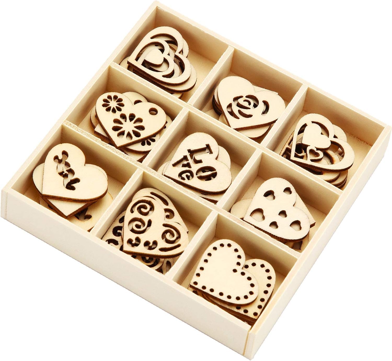 Set of wooden heart-shaped cutouts in a box on a white background