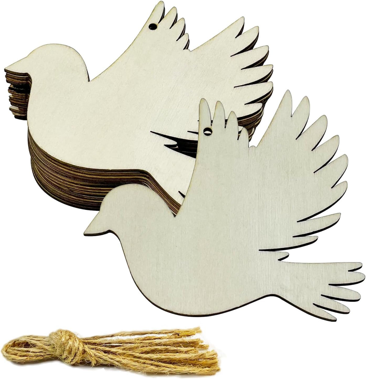 Wooden dove ornaments with string on a white background