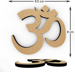 Wooden OM symbol with measurements on a white background