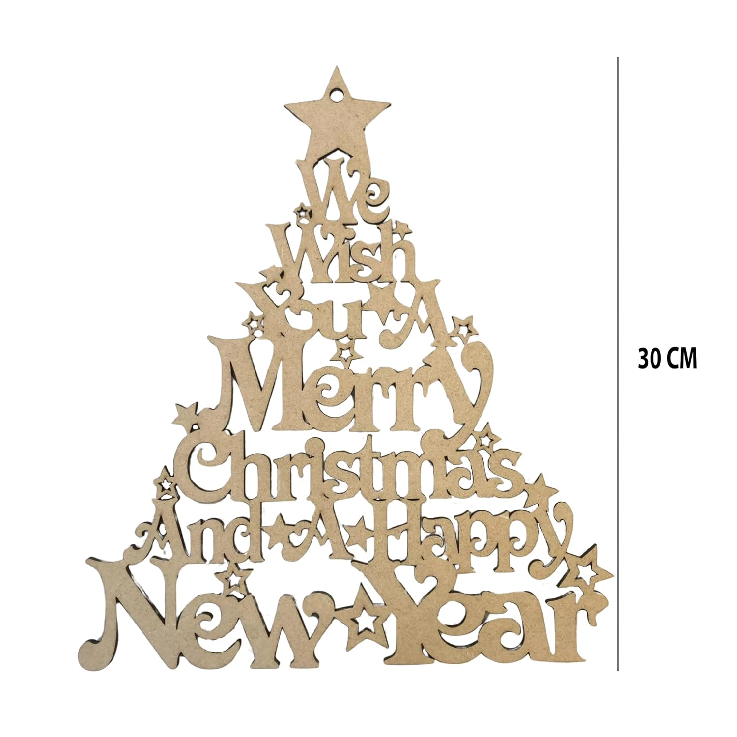 Wooden Christmas tree decoration with text on a white background