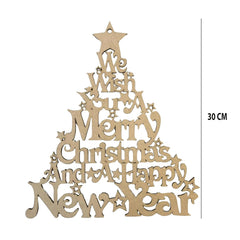 Wooden Christmas tree decoration with text on a white background