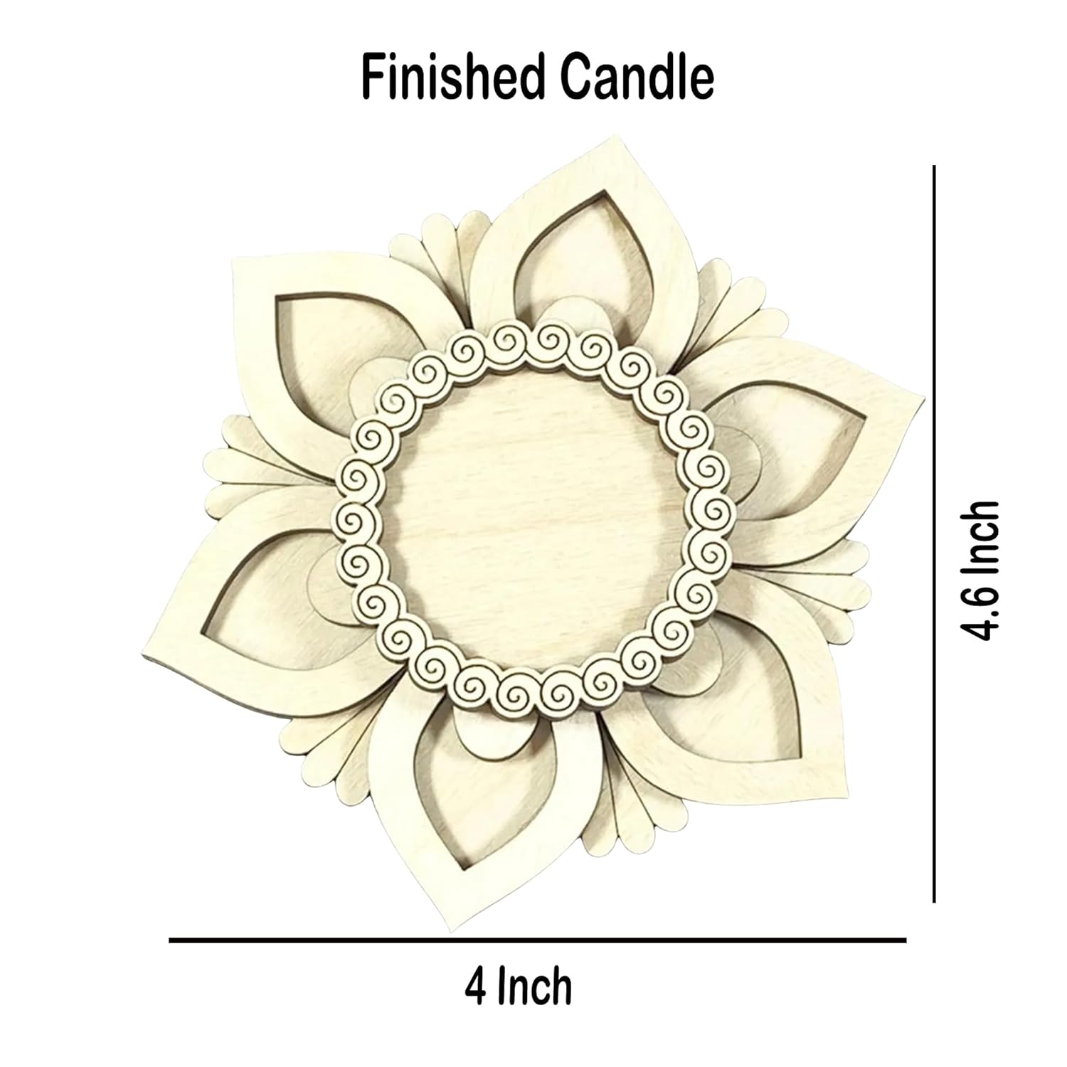 Decorative candle with floral design and measurements on a white background