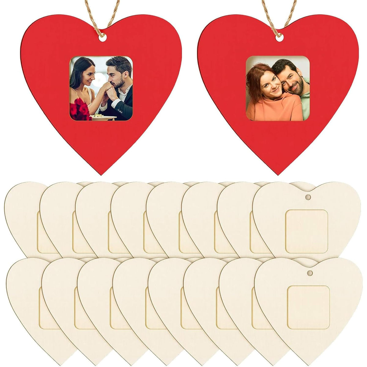 Red heart-shaped photo frames with pictures of a couple, followed by beige heart-shaped wooden tags.