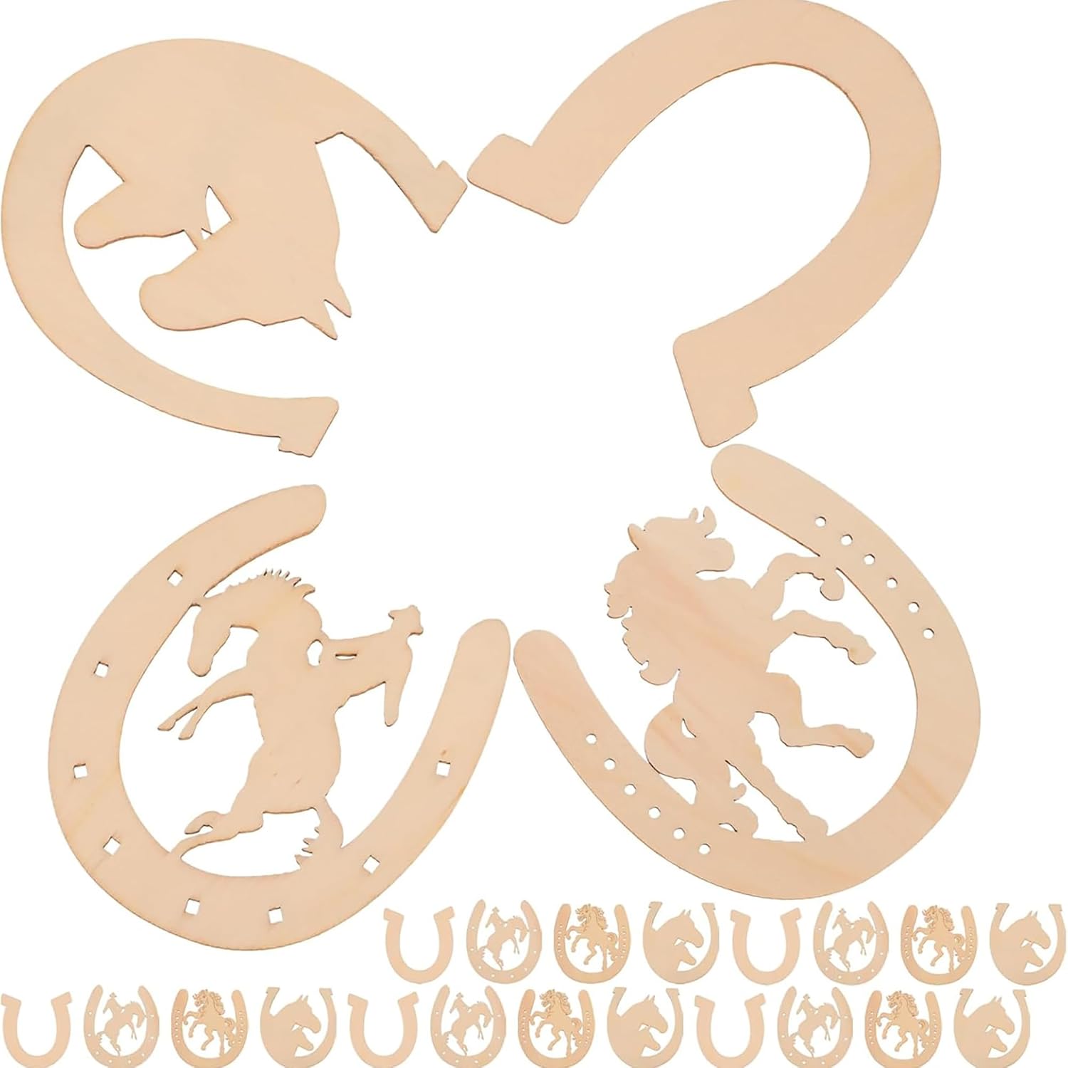 Wooden cutouts of horseshoes with horse designs on a white background
