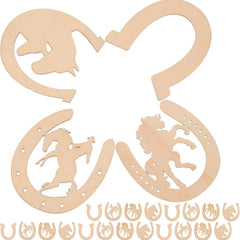 Wooden cutouts of horseshoes with horse designs on a white background
