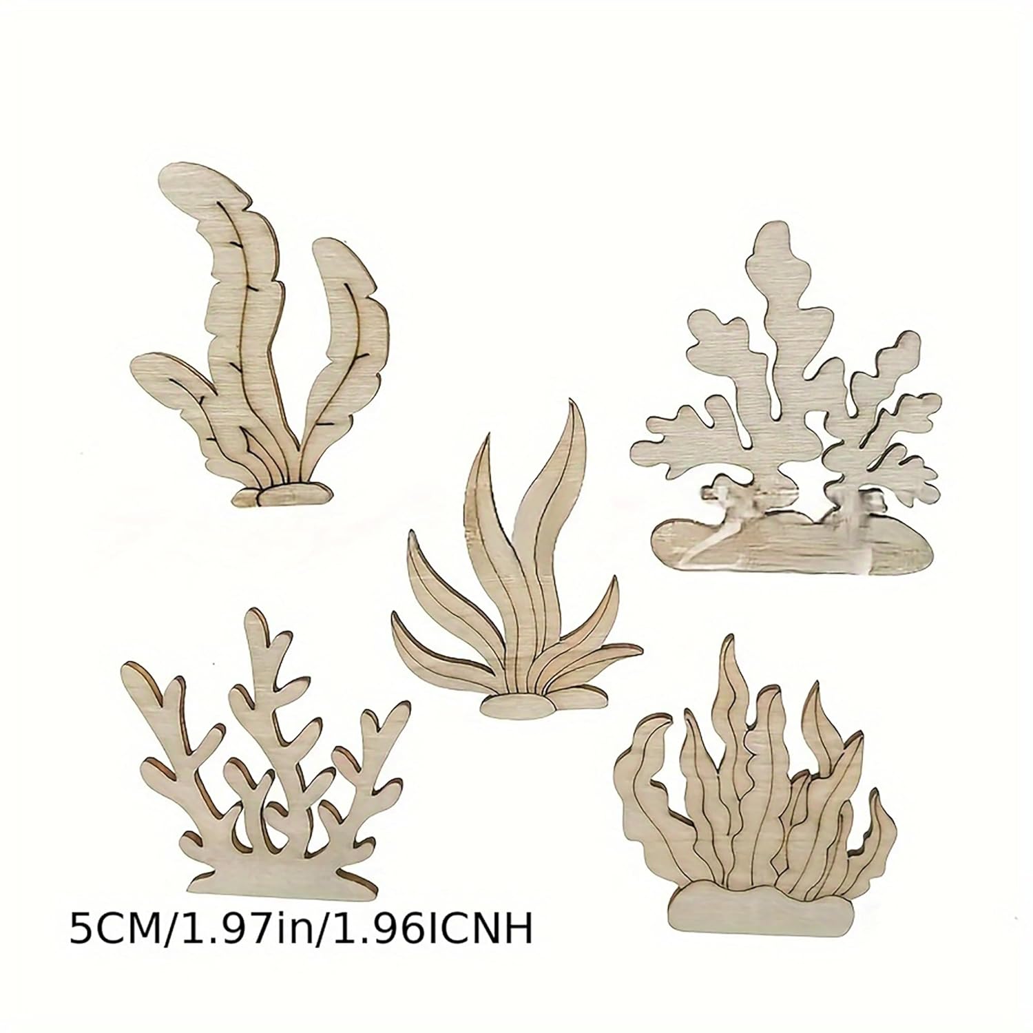 Set of five wooden coral and seaweed decorations on a white background