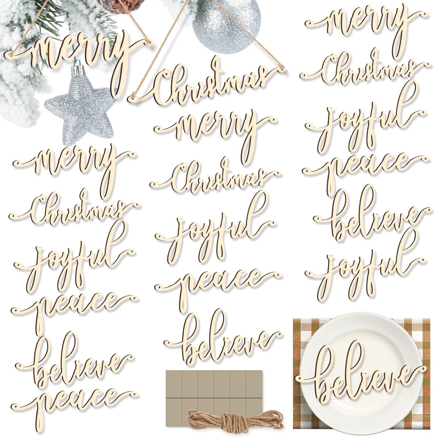 Set of Christmas-themed wooden cutouts with phrases like 'merry Christmas', 'joyful', 'peace', and 'believe' on a white background.