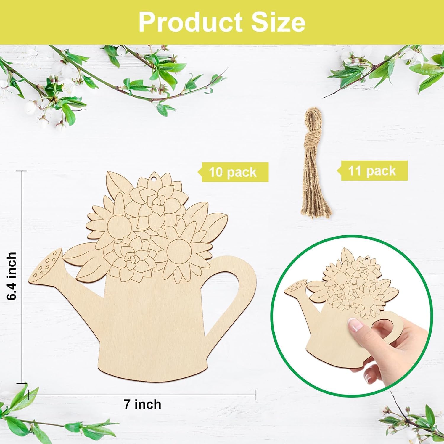 Wooden watering can-shaped decor with floral design, measurements, and packaging details on a white background.