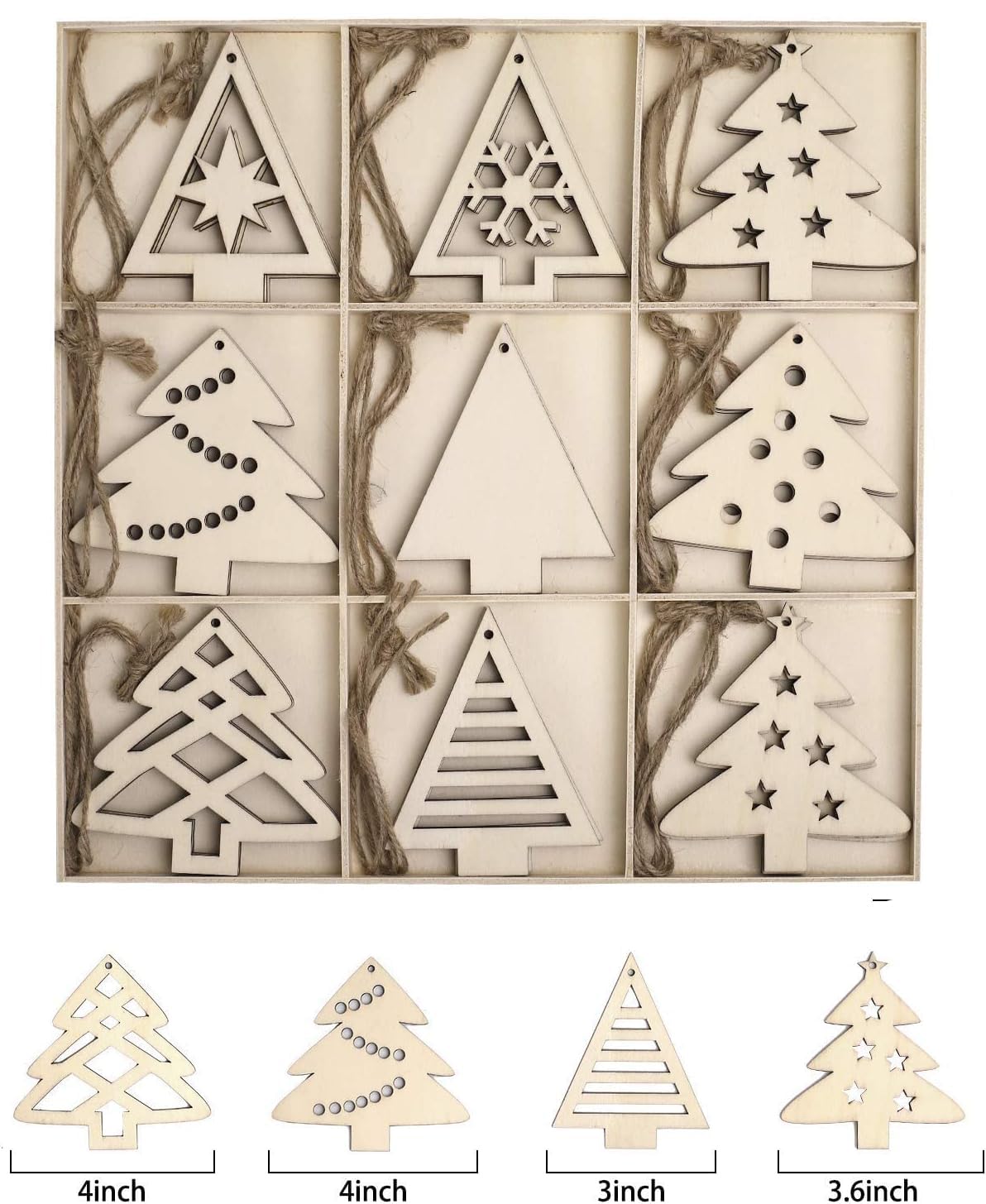 Set of wooden Christmas tree decorations in a box with measurements shown.