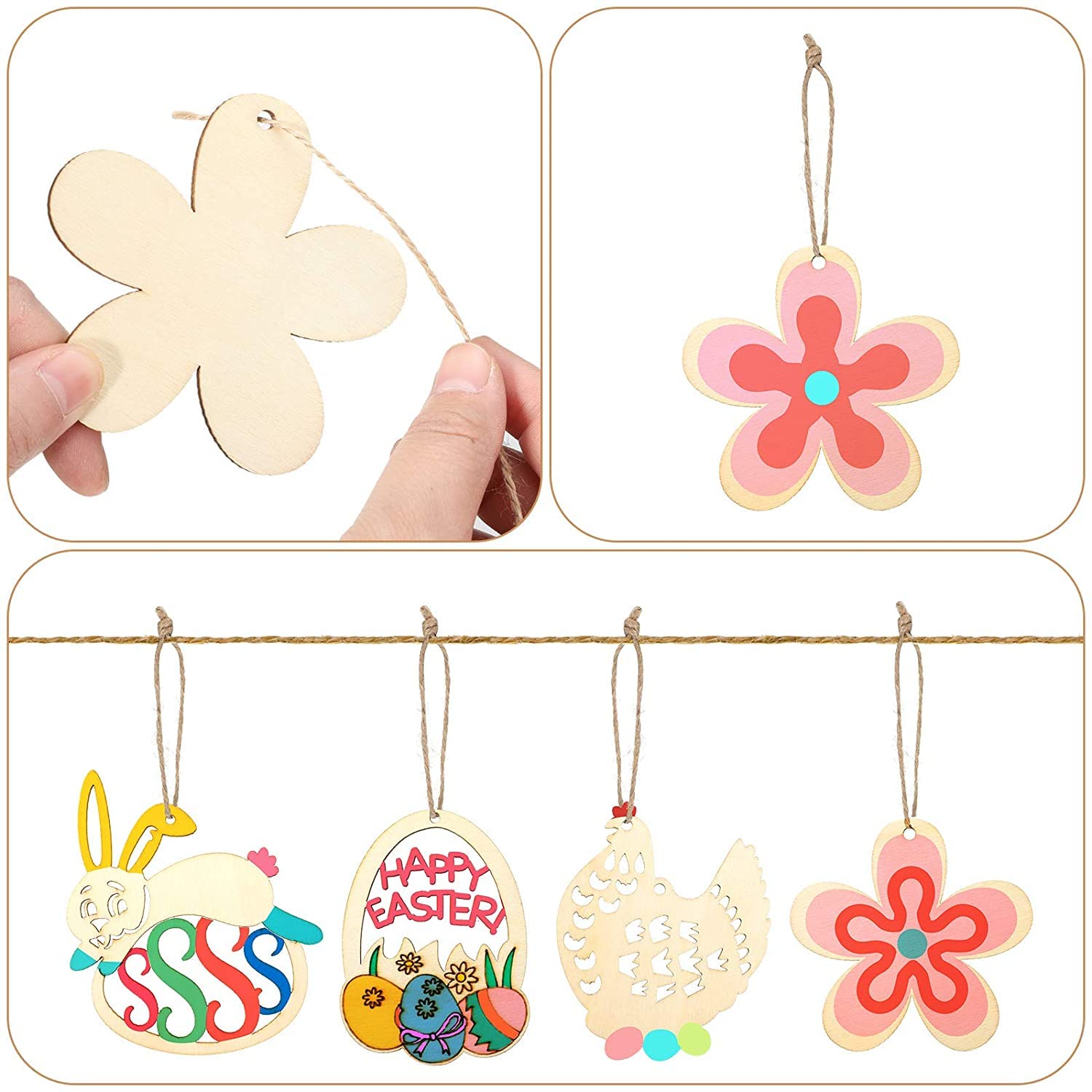 Decorative wooden hanging items with colorful designs on a white background