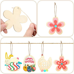 Decorative wooden hanging items with colorful designs on a white background