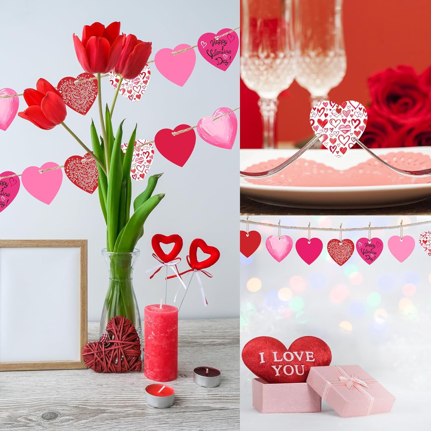 Valentine's Day decor with red tulips, heart-shaped candles, and 'I Love You' sign.