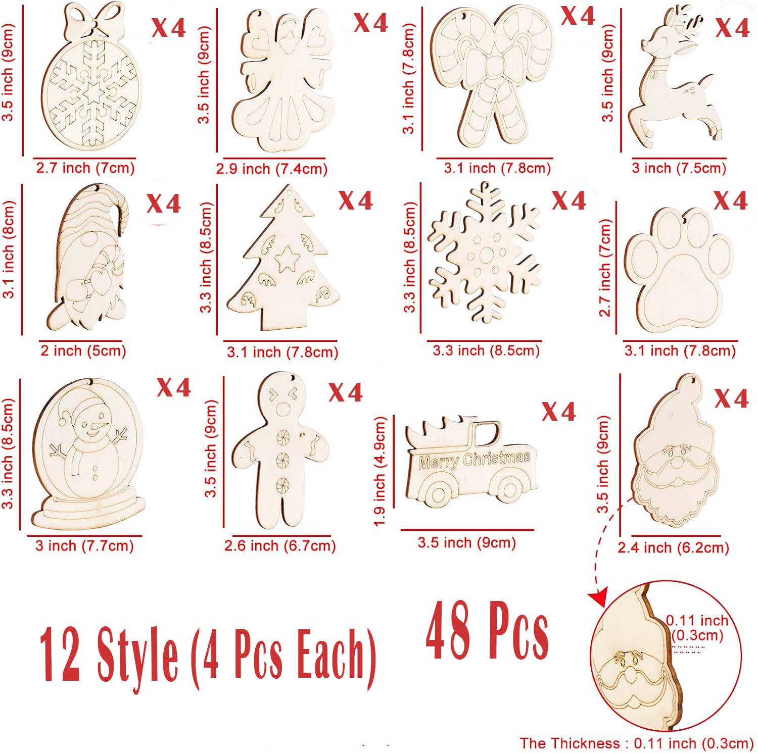 Set of wooden Christmas ornaments with various designs and dimensions, displayed against a white background.