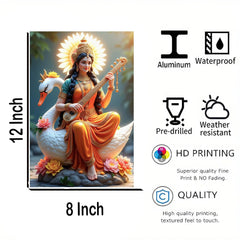 Decorative panel with a woman on a swan holding a musical instrument, featuring product details.