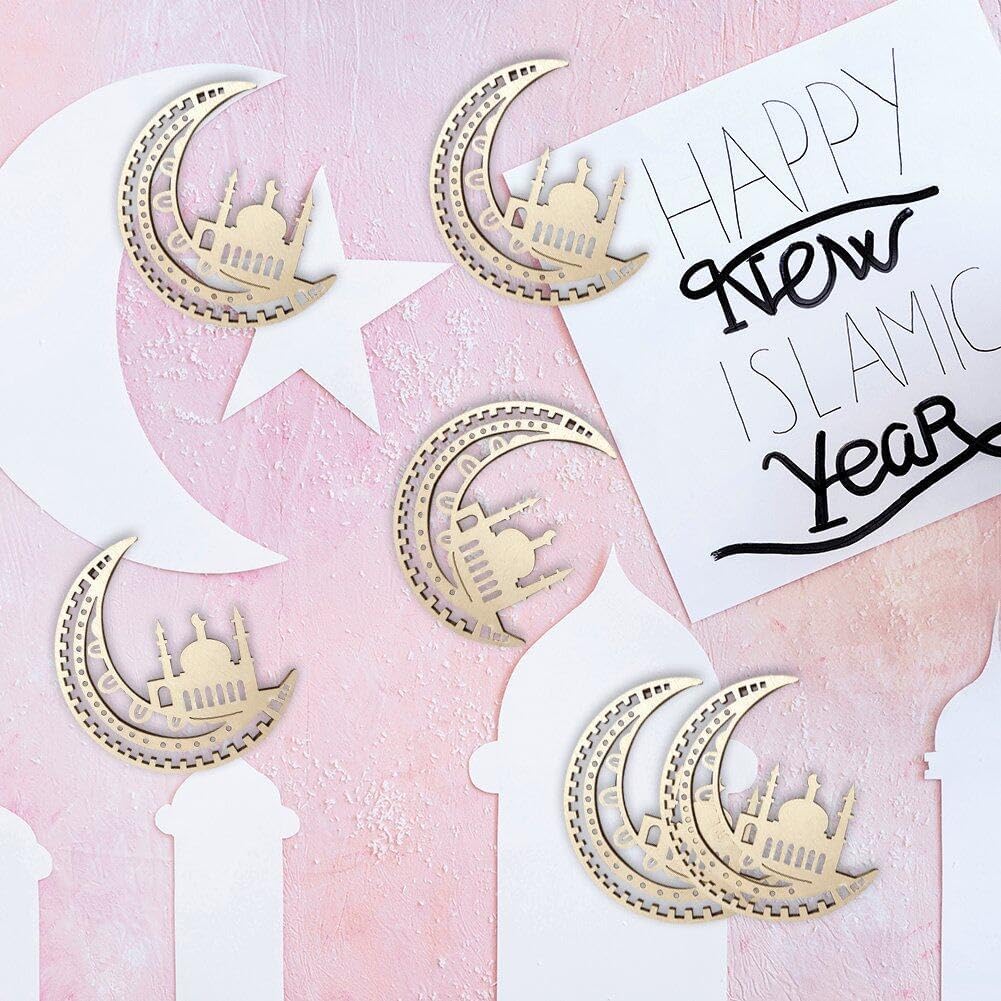 Decorative crescent moon and mosque shapes with 'Happy New Islamic Year' text on a pink background