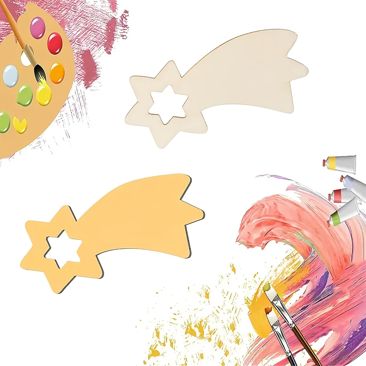 Wooden star-shaped cutouts with a paint palette and brushes on a colorful abstract background