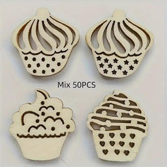 Four wooden cupcake-shaped cutouts with different patterns on a white background, labeled 'Mix 50PCS'.