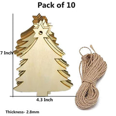 Wooden Christmas tree decorations with jute rope, pack of 10, measurements shown.