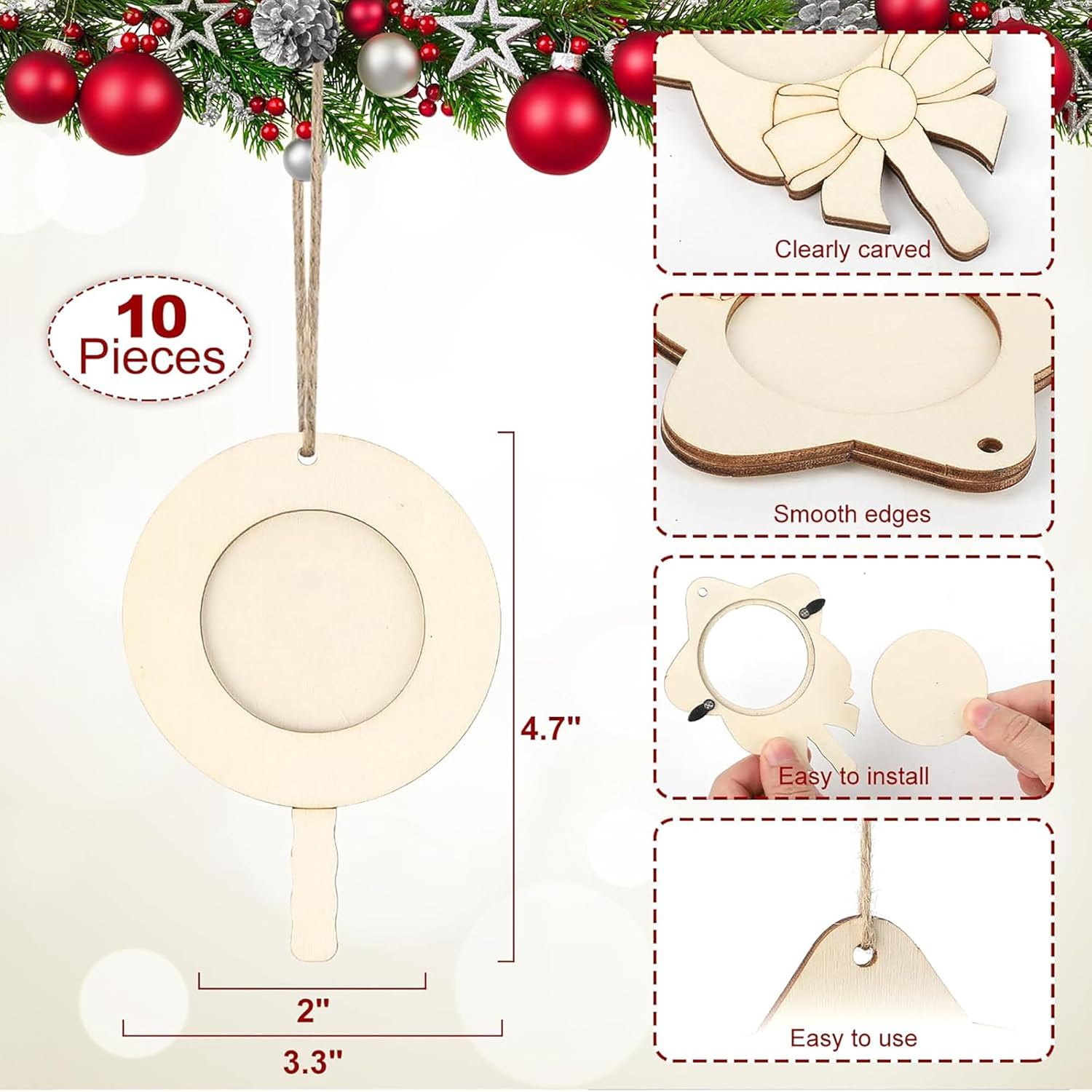 Wooden Christmas ornaments with measurements and installation instructions on a festive background.